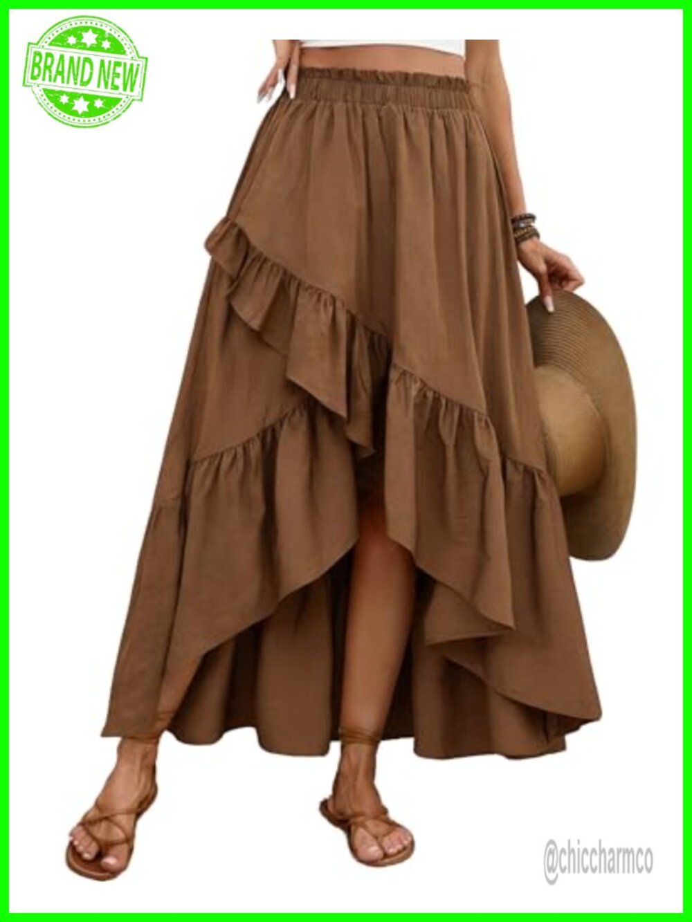 Asymmetrical Wrap Maxi Skirt High Waist Ruffle Hem Side Slit Boho